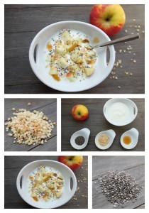 Joghurt mit Apfel Honig Mandeln und Chiasamen