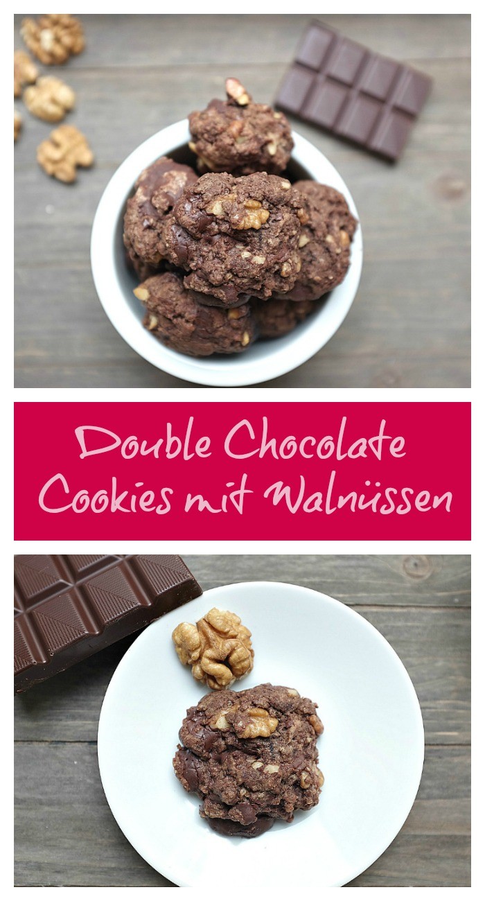 Super schnelle Double Chocolate Cookies mit Walnüssen. 