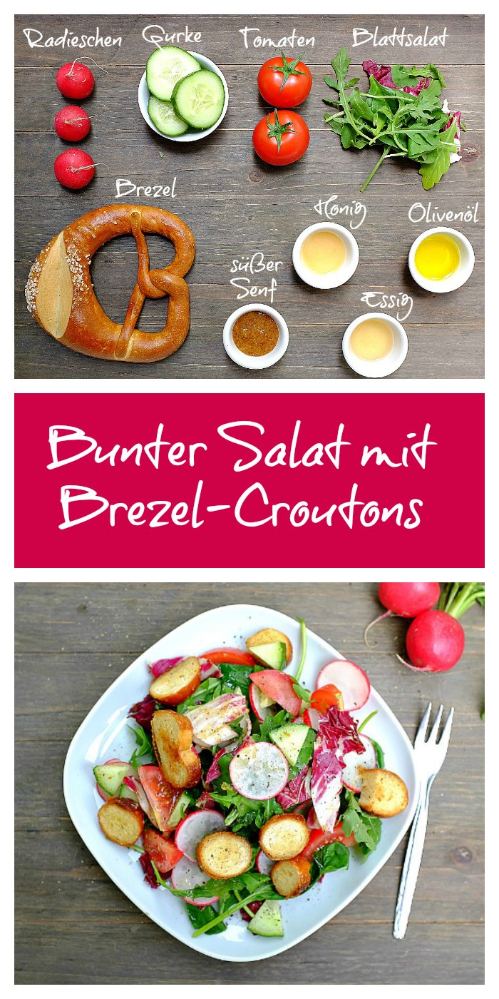 Biergartenessen für zu Hause: Bunter Salat mit Brezelcroutons und einem Dressing mit süßem Senf und Honig.