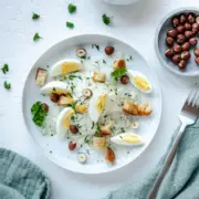 Kohlrabi-Salat mit Ei, Croutons und einem köstlichen cremigen Dressing